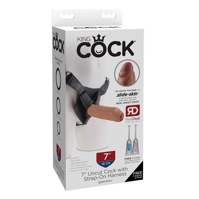 7” Uncut Cock With Strap On Harness
